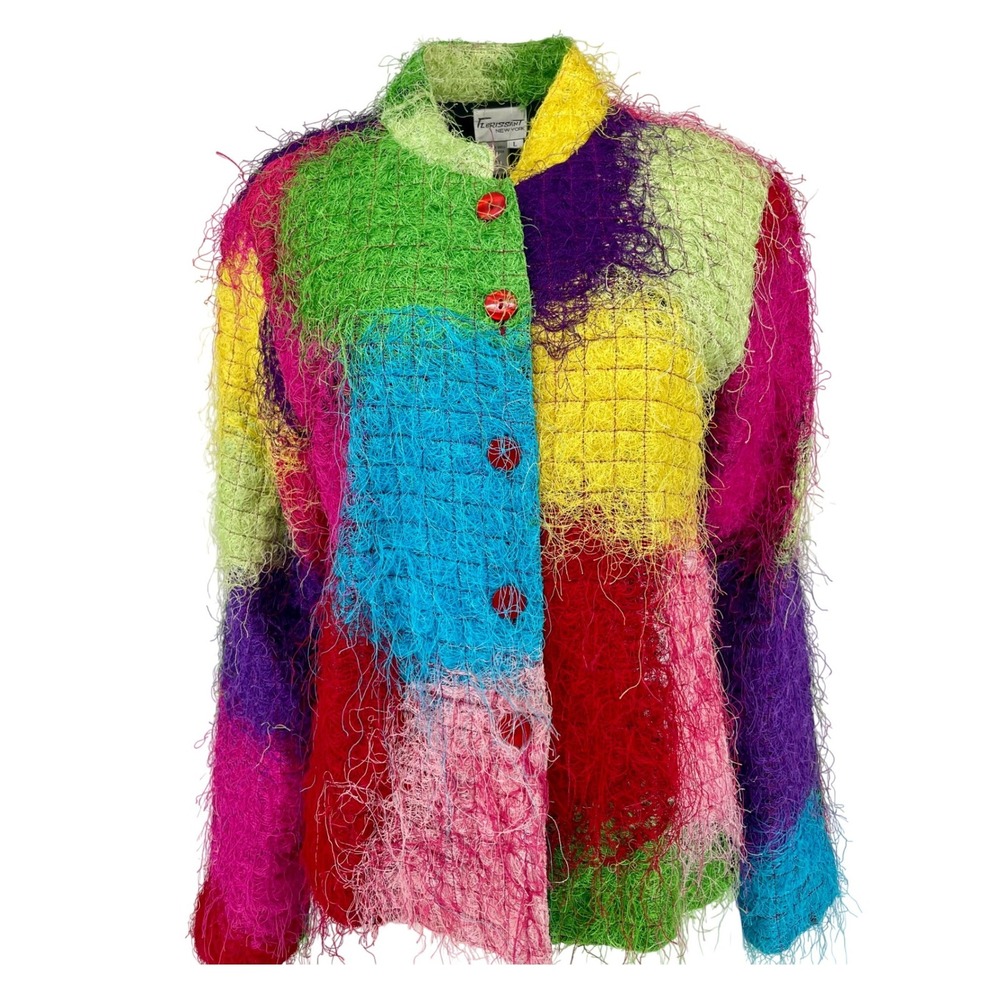 Vintage‎ 90s Florissant NY Rainbow Eyelash Fiber Patchwork Jacket Avant Garde L
